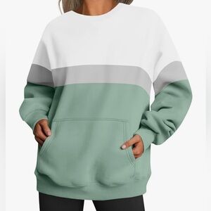 Long Sleeve Women Crewneck Sweatshirt Colorblock White Green Teal Gray Size S